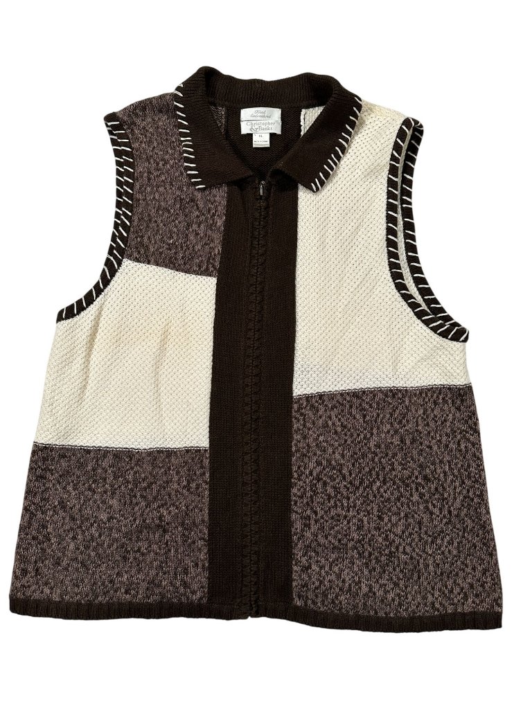Christopher & Banks Hand Embroidered Womens Patchwork Sweater Vest Brown Xl